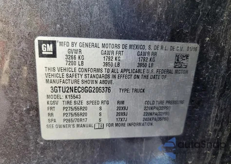 2016 GMC Sierra K1500 Slt z USA, uszkodzony, nr VIN 3GTU2NEC8GG206376